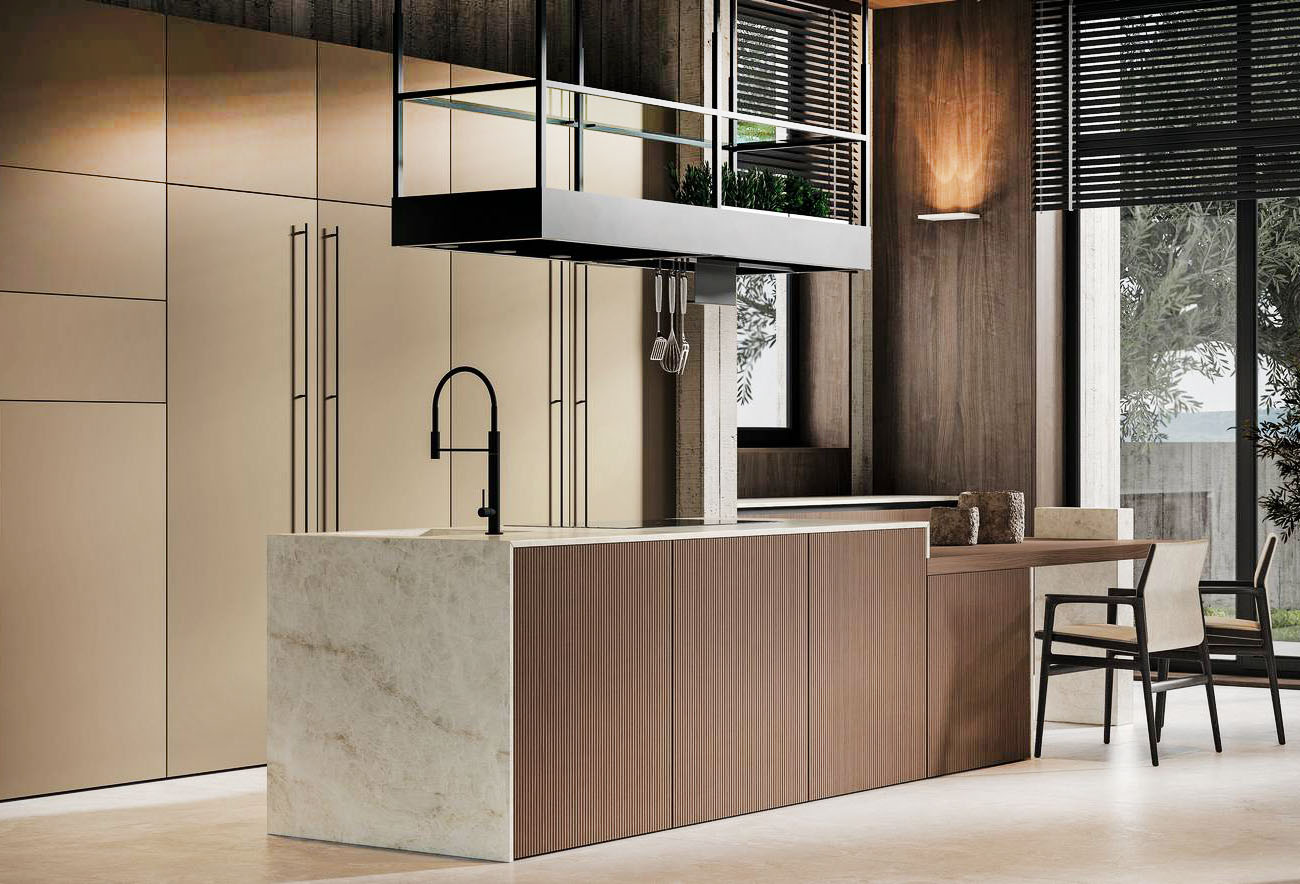 Unisce il fascino del legno a quello del marmo pregiato la grande isola,  attrezzata con fuochi e lavello, della cucina di Arrex che si apre completamente sul living. Il top e il supporto del piano snack, impiallacciato in Rovere Rhum, sono realizzati in pregiato Marmo Taj Mahal. Un modulo base da 60 cm, prezzo 618 euro + iva. https://www.arrex.it