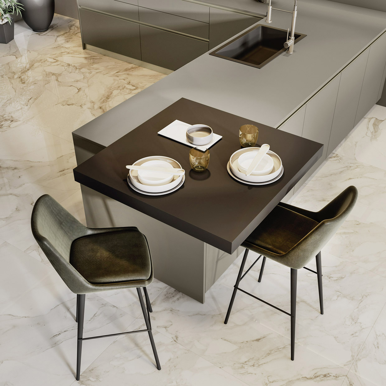 La penisola della composizione Loft 2.2 di Arrex Le Cucine è dotata di un piano snack scorrevole Silde realizzato in Laminato Fenix Cacao Orinoco, in contrasto con il piano di lavoro in Laminato Fenix Grigio Londra come le ante, che una volta aperto permette di mangiare in coppia. Un modulo base da 60 cm, prezzo 502 euro + Iva. https://www.arrex.it