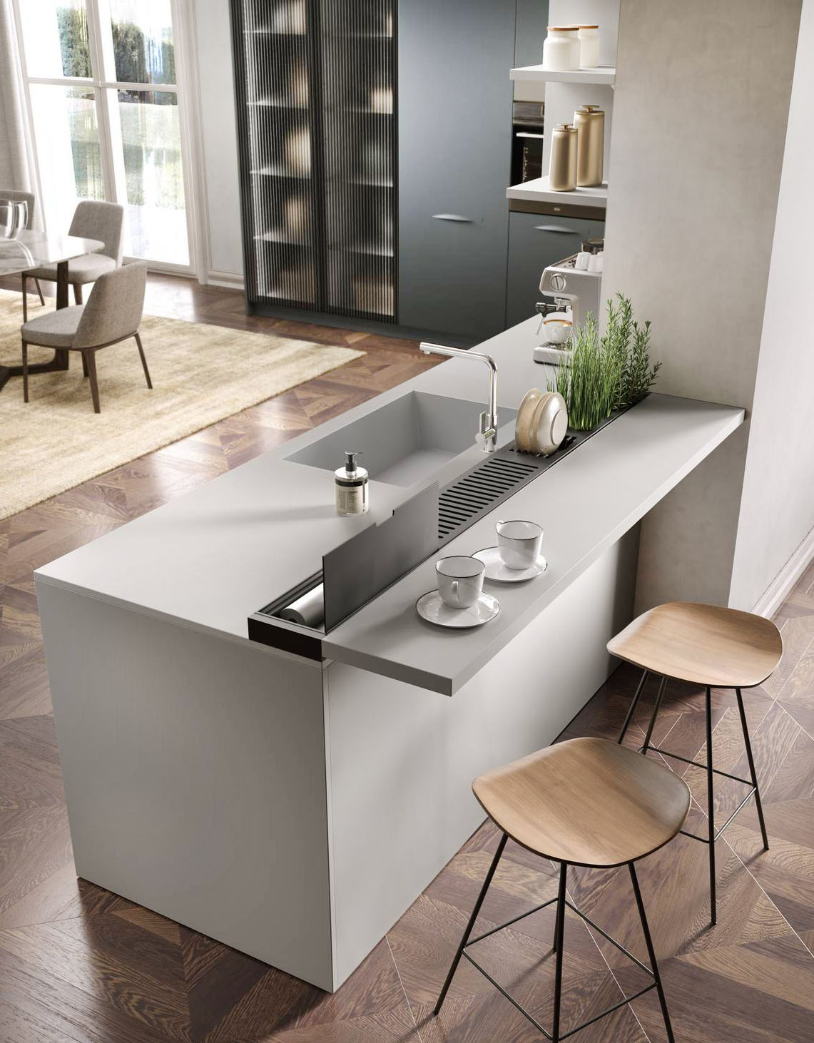Il piano di lavoro si allunga per dare vita ad un piccolo bancone snack nella composizione Moon di Moretti Compact Cucine. Le ante delle basi e delle colonne, realizzate in Laccato Opaco Ardesia e Grigio Luce, sono dotate di maniglie sagomate con la stessa finitura della superficie. Un modulo base da 60 cm con anta battente, prezzo 241 euro. https://cucine.moretticompact.it