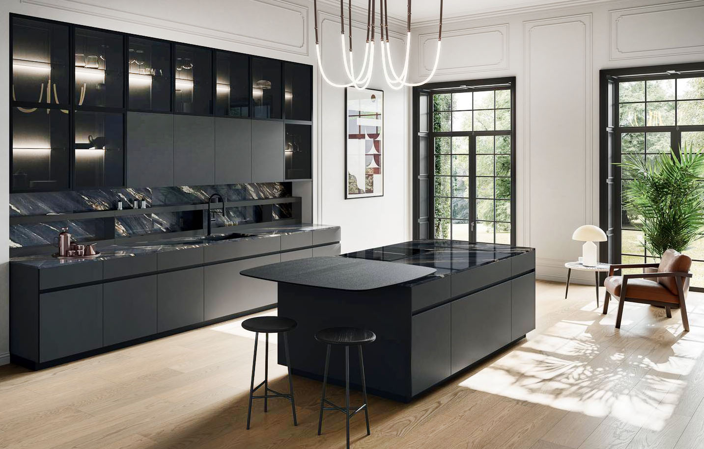 Total black per la cucina Fusion di Arredo3 che si apre sul living e che è caratterizzata dalla presenza di numerosi pensili con le ante in vetro opaco nero e vetro fumé grigio con un effetto vedo-non-vedo. Le ante delle basi e delle colonne con anta Vogue sono Glass 2.0 realizzate in vetro opaco nero con maniglia Profilo. L'isola attrezzata con la zona cottura è dotata del piano snack Tuttotondo squadrato in appoggio sul top. Prezzo su richiesta. https://www.arredo3.com/it