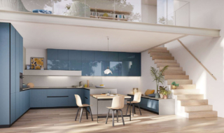 Una colorazione accesa per la cucina ad angolo del programma I Naturali di Ar-Tre che integra la zona preparazione con quella pranzo, dando vita ad uno spazio funzionale. Le basi e le colonne hanno le ante Fusion in vetro rigato opaco azzurro; i numerosi pensili hanno le ante Fusion in vetro liscio. Il top e lo schienale sono in HPL Gresite; il tavolo snack, incorporato nella penisola, è impiallacciato rovere nodato tinto naturale. Prezzo su richiesta. https://www.ar-tre.it/it