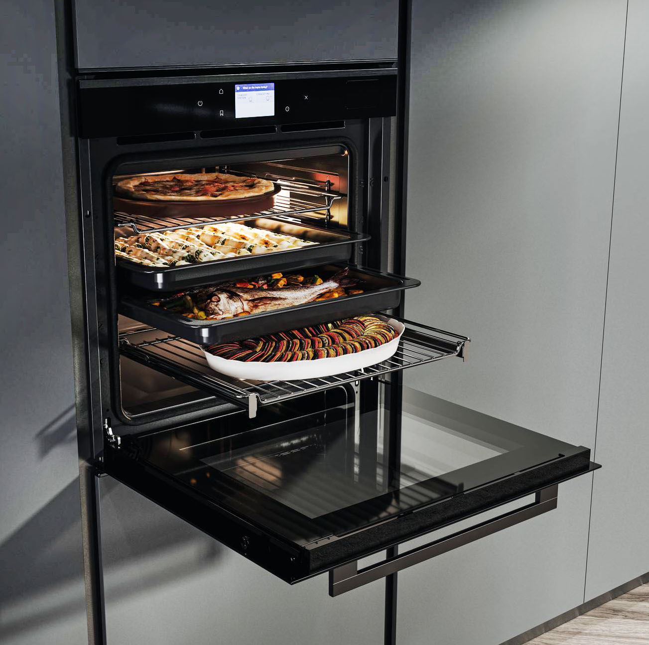 In finitura Black Steel, il forno FMY 99 HS BK Full Steam Mythos di Franke è dotato di programma Menù Completo che permette di cuocere fino a 4 livelli simultaneamente. Con 19 funzioni di cottura, ha programmi Cookassist con 60 ricette automatiche, tra cui quella per cuocere la pizza, e 15 funzioni speciali. Funziona con tecnologia Multifunzione Full Steam, è capiente 73 litri e ha display TFT full touch a colori che assicura un’interazione intuitiva e immediata. L’uso è infine agevolato dalla guida telescopica che facilita l’estrazione delle teglie, migliorando comfort e sicurezza. È largo 60 cm. Prezzo 2.549 euro. www.franke.com