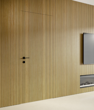 Perfetta complanarità tra porta Flessya cannettato Rovere e boiserie nella stessa finitura