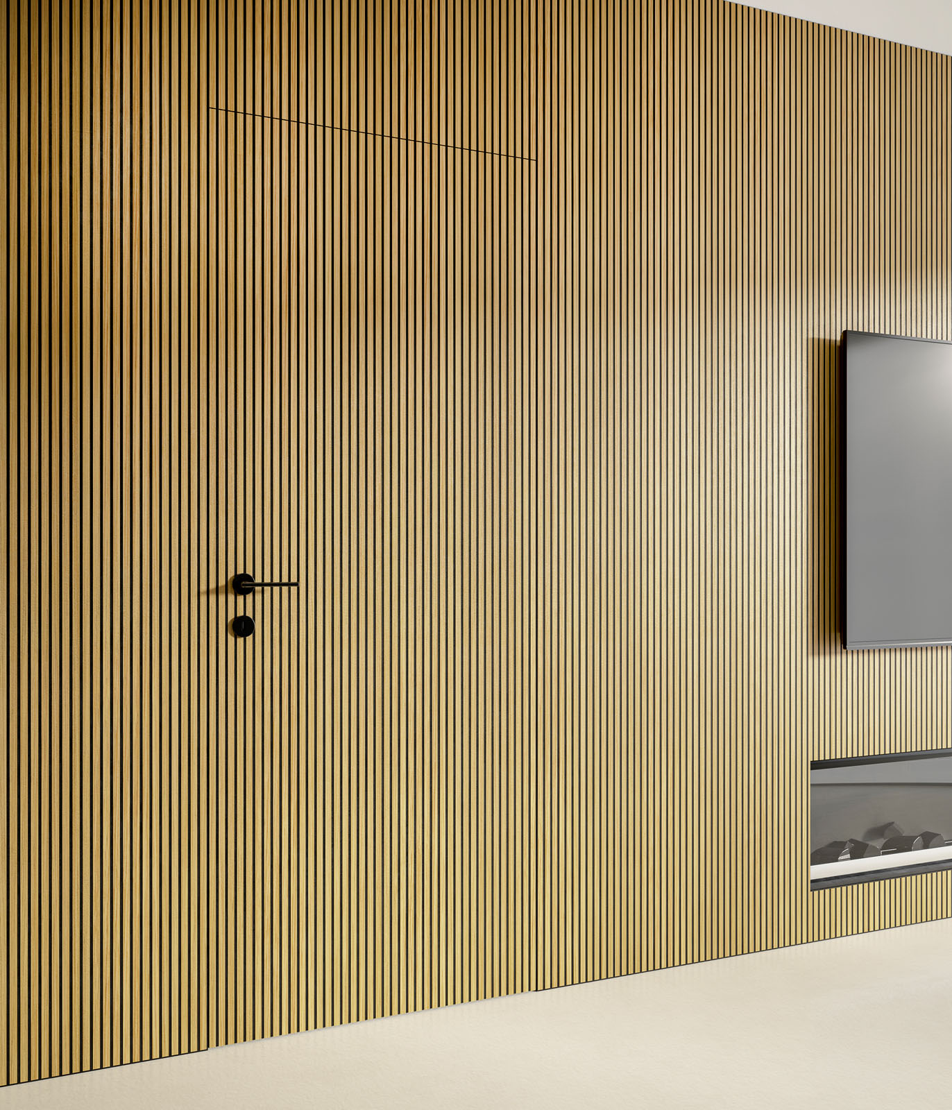 Perfetta complanarità tra porta Flessya cannettato Rovere e boiserie nella stessa finitura