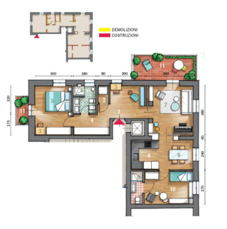 1 Ingresso
2 Ripostiglio
3 Zona studio
4 Disimpegno
5  Camera matrimoniale
6  Bagno
7  Soggiorno
8 Cucina
9  Zona pranzo
10 Camera
11 Balconeplanimetria-casa-76-mq