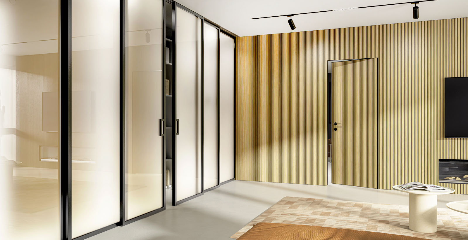 A sinistra sistema di chiusura Porte Flessya e sulla parete di fondo boiserie e porta Flessya N00, cannettato Rovere 