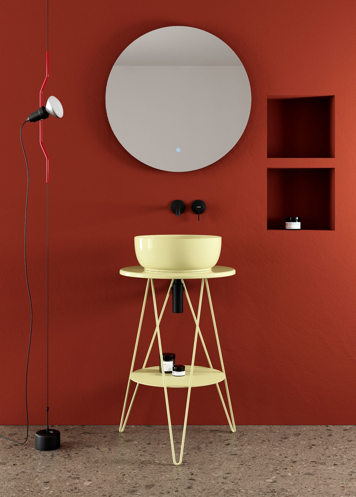 Gustav di Scarabeo è una struttura leggera e ariosa dotata di due piani da
appoggio di forma circolare per appoggiare il lavabo e oggetti di uso quotidiano. È realizzato in metallo in svariate colorazioni. Struttura, piani di appoggio e lavabi sono indipendenti nella finitura: possono essere tutti nello stesso colore oppure
in colori differenti. Misura Ø 52 x H 76 cm. Prezzo, Iva esclusa, 580 euro. Prezzo, Iva esclusa, del piatto in ceramica per l’appoggio del lavabo nel colore bianco 200 euro, negli altri 11 colori 220 euro. www.scarabeosrl.com Gustav di Scarabeo è una struttura leggera e ariosa dotata di due piani da
appoggio di forma circolare per appoggiare il lavabo e oggetti di uso quotidiano. È realizzato in metallo in svariate colorazioni. Struttura, piani di appoggio e lavabi sono indipendenti nella finitura: possono essere tutti nello stesso colore oppure
in colori differenti. Misura Ø 52 x H 76 cm. Prezzo, Iva esclusa, 580 euro. Prezzo, Iva esclusa, del piatto in ceramica per l’appoggio del lavabo nel colore bianco 200 euro, negli altri 11 colori 220 euro. www.scarabeosrl.com