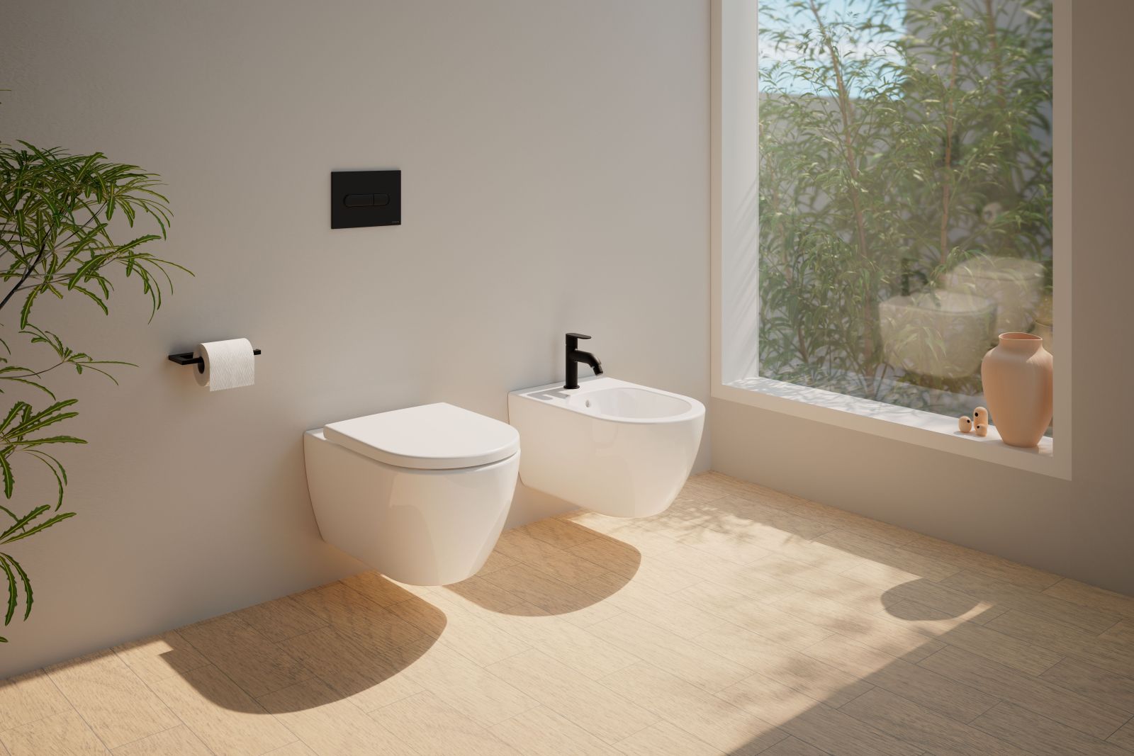 La coppia di sanitari vaso e bidet sospesi evineo ineo3 di Reuter è in ceramica bianca. Il vaso è senza brida. Ciascuno misura L 36 x P 54 cm. Prezzo della coppia 370,23 euro. www.reuter.com