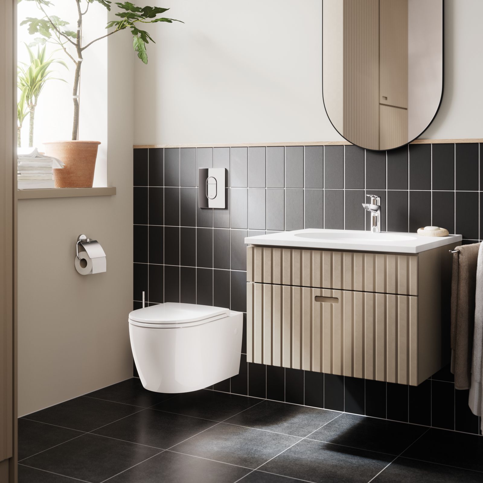 Il vaso sospeso Bau Ceramic di Grohe ha design senza brida. Dall’estetica sobria, ha linee pulite e armoniose. È dotato di sedile e coperchio in solido Duroplast a chiusura rallentata. Misura L 36,4 x P 54,3 cm. Prezzo completo di sedile, Iva esclusa, 465,50 euro. www.grohe.com