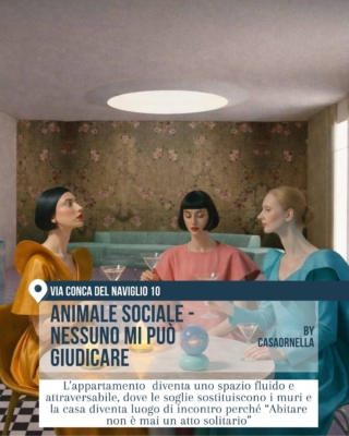 Fuorisalone 2026 Milano, 5VIE Design District: “Animale Sociale - Nessuno Mi Può Giudicare” di Casaornella. Tre figure femminili stilizzate siedono attorno a un tavolo in un interno teatrale e surreale, con atmosfera elegante, domestica e visionaria.
