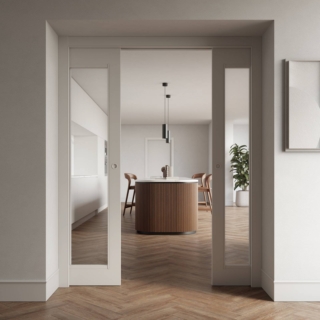 La porta a due ante in legno laccato Facile modello B di Effebiquattro, con vetro trasparente scorrevole interno muro, misura 80+80x210 cm. Prezzo: 1450 euro + iva
https://effebiquattro.it