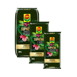 COMPO Suprême Terriccio Universale
completo contiene Turbo radici per favorire lo sviluppo radicale, concime a lenta
cessione, una composizione ottimale di torbe di
alta qualità scure e chiare, con pomice per drenaggio e aerazione e AQUA DEPOT. https://www.compo-hobby.it/