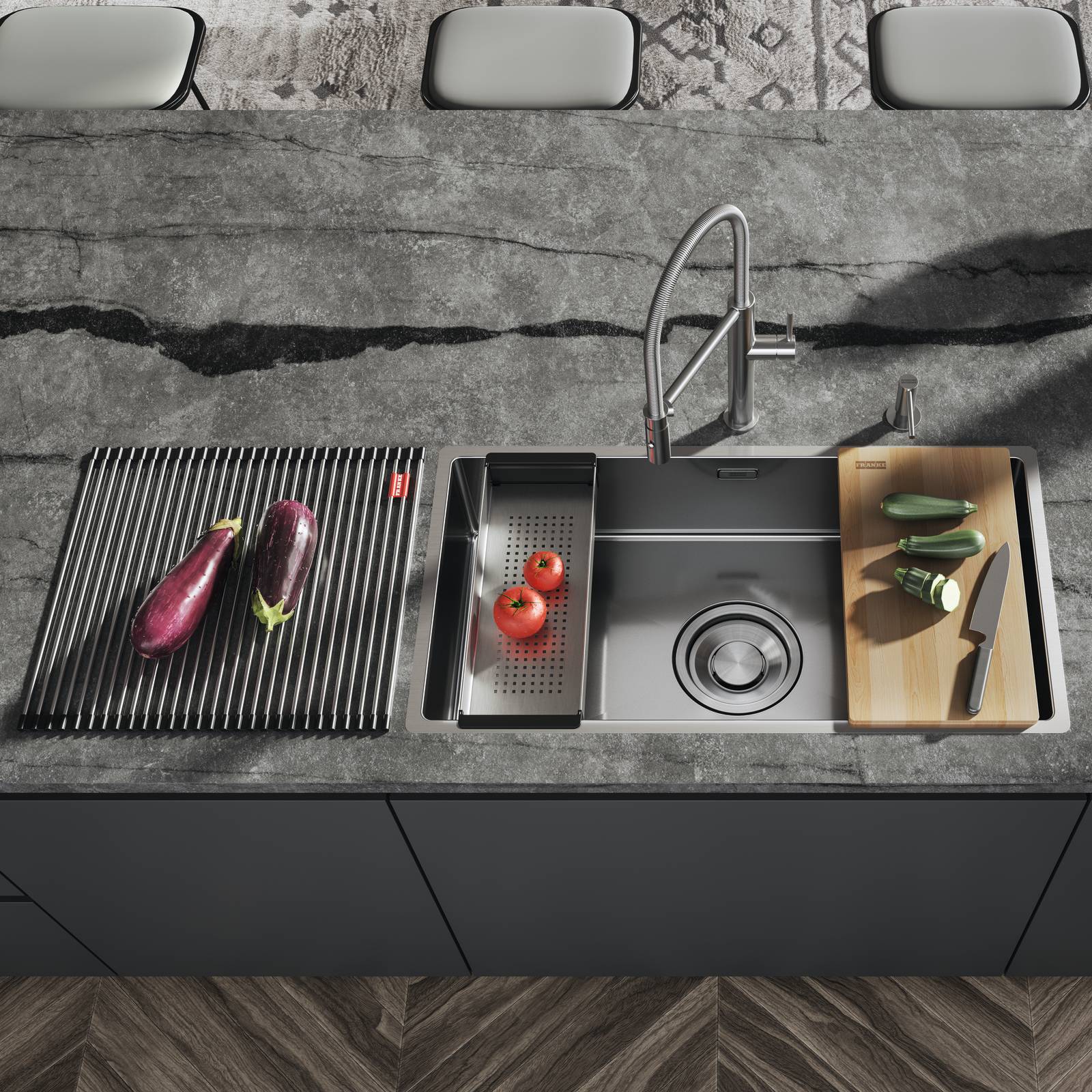 Grazie al kit di scarico da 7”, la vasca Box DrainMax di Franke
assicura un flusso senza intoppi Grazie al kit di scarico da 7”, la vasca Box DrainMax di Franke
assicura un flusso senza intoppi