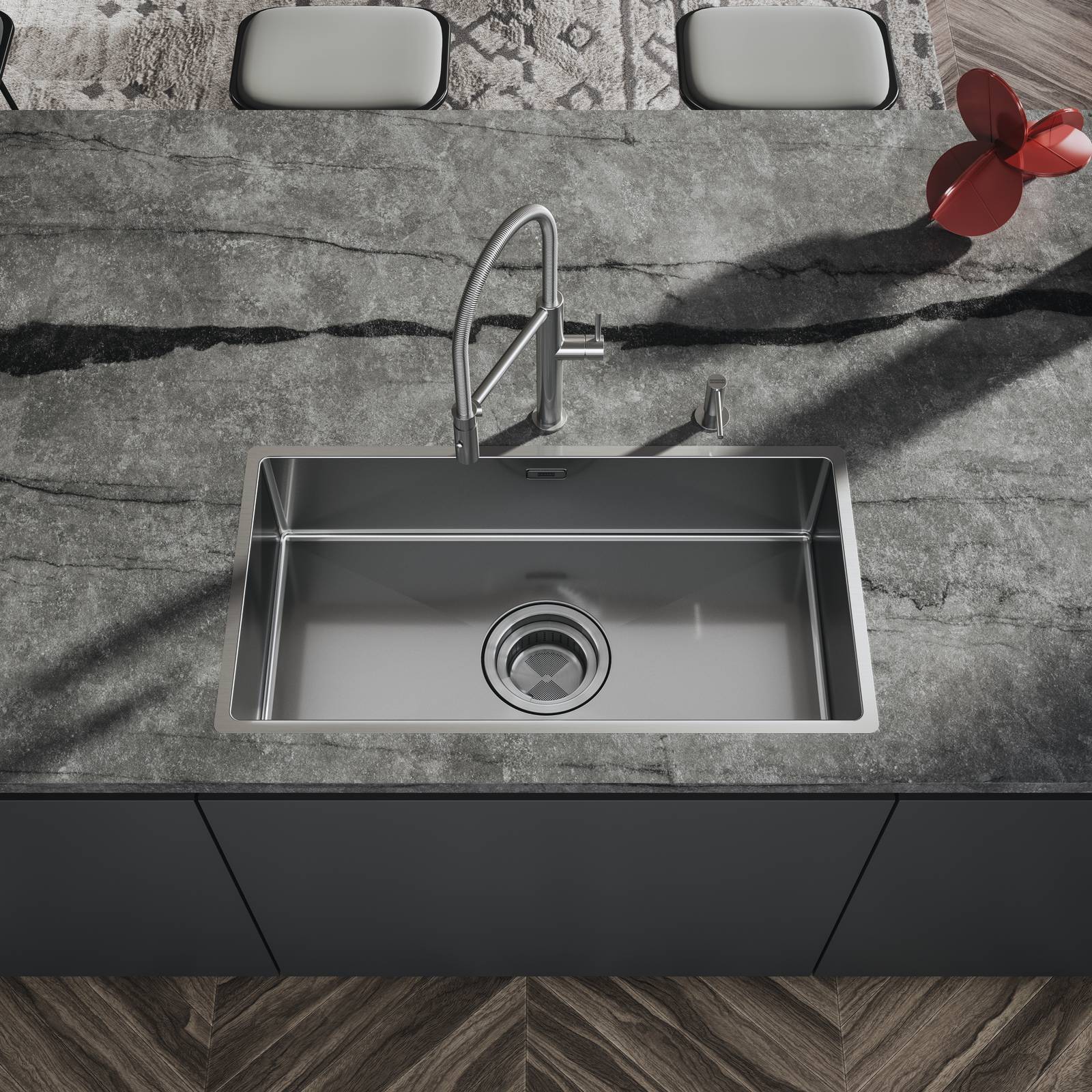 Grazie al kit di scarico da 7”, la vasca Box DrainMax di Franke
assicura un flusso senza intoppi Grazie al kit di scarico da 7”, la vasca Box DrainMax di Franke
assicura un flusso senza intoppi