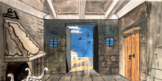 Giorgio de Chirico Bozzetto per la Figlia di Jorio, bozzetto di scena_ “Atto III” 1934 acquarello e matita su carta 32,5×50,4 cm