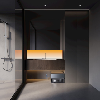 La versione Compact della base Narwal Flow 2 (28 cm di altezza) si installa discreta sotto i mobili, collegandosi direttamente all'impianto idrico di casa.