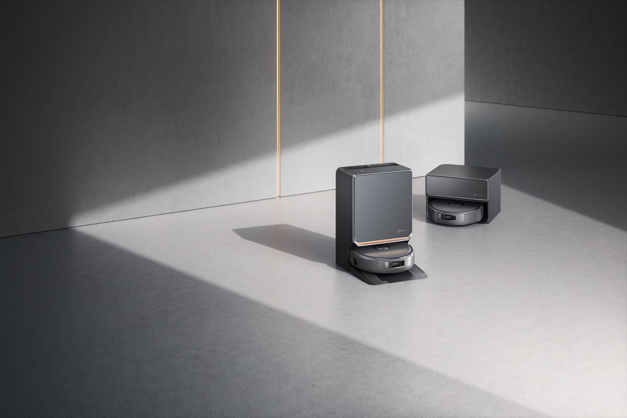 Narwal Flow 2 con la base di ricarica premium: pannello in vetro, illuminazione "Cyber Glow" e design pensato per integrarsi nell'arredamento moderno.