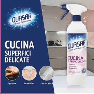 Quasar Cucina è uno spray ideale per la pulizia del lavello e delle superfici delicate. Prezzo: 6,64 euro per 2 flaconi su amazon.it Quasar Cucina è uno spray ideale per la pulizia del lavello e delle superfici delicate. Prezzo: 6,64 euro per 2 flaconi su amazon.it