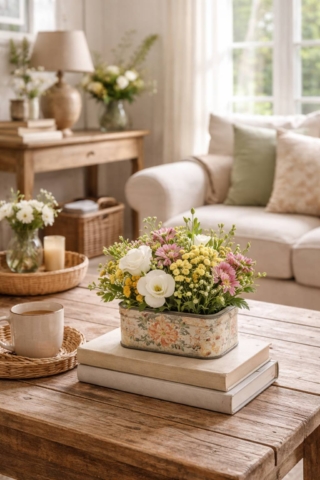 Salotto rustico con scatola di latta con fiori freschi