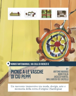 Mostra “Picnic a le vasche di Ciu Peppì” da NonostanteMarras, via Cola di Rienzo 8, nel Fuorisalone 2026. Sfondo illustrato nei toni del giallo e dell’ocra con motivo decorativo circolare ispirato all’artigianato e alla memoria mediterranea. La slide racconta un percorso immersivo tra moda, design, arte e Sardegna.
