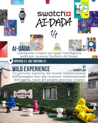 Due installazioni in zona Tortona per il Fuorisalone 2026: in alto “AI-DADA” by Swatch, laboratorio creativo tra intelligenza artificiale e archivio del brand; in basso “Wild Experience” by Candylab, cortile con arredi scultorei colorati e figure oversize in via Tortona 31.