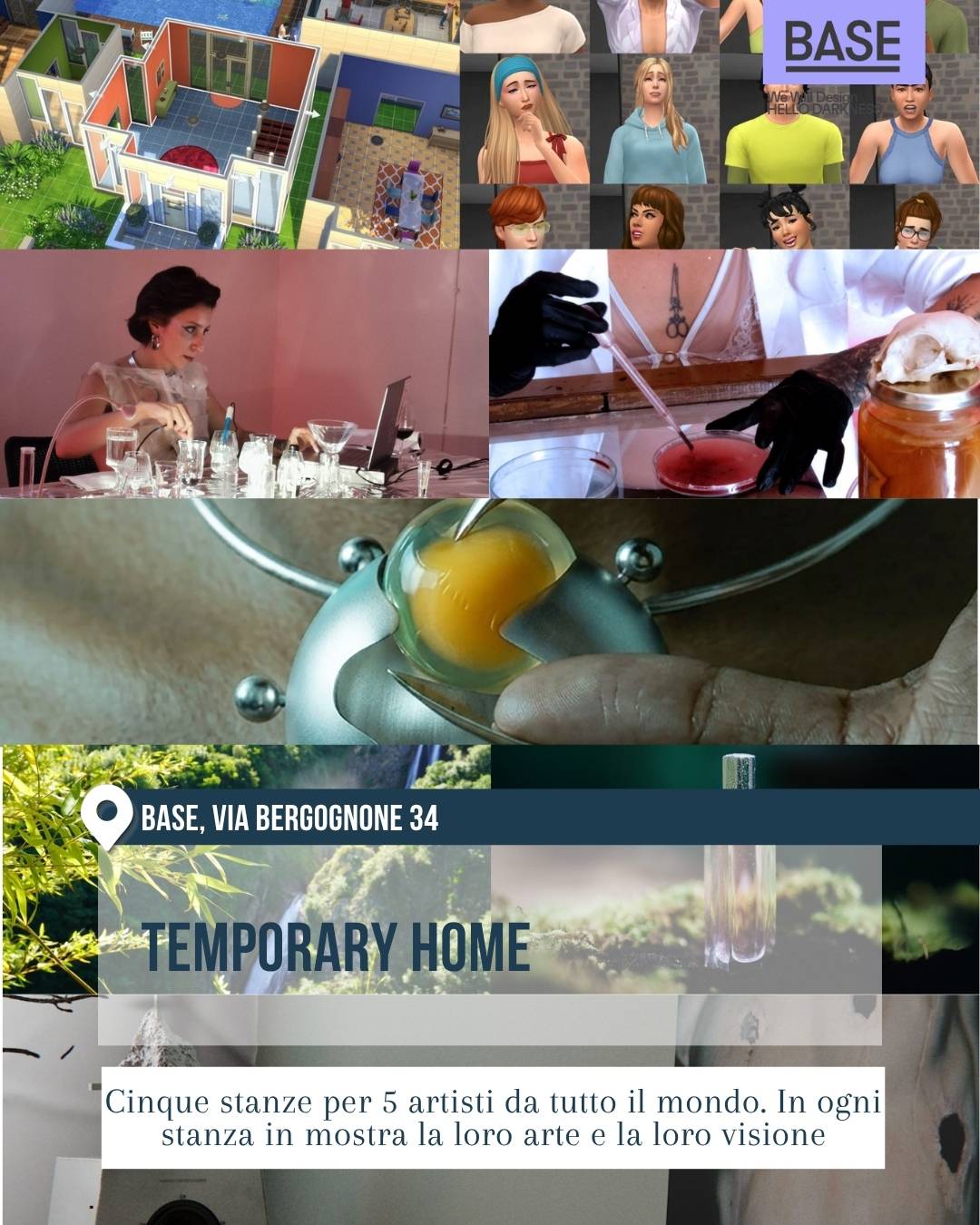 Installazione “Temporary Home” alla BASE Milano, zona Tortona, durante il Fuorisalone 2026. Collage visivo con interni, immagini digitali, dettagli artistici e natura, dedicato a cinque stanze e cinque artisti internazionali in mostra alla Milano Design Week.