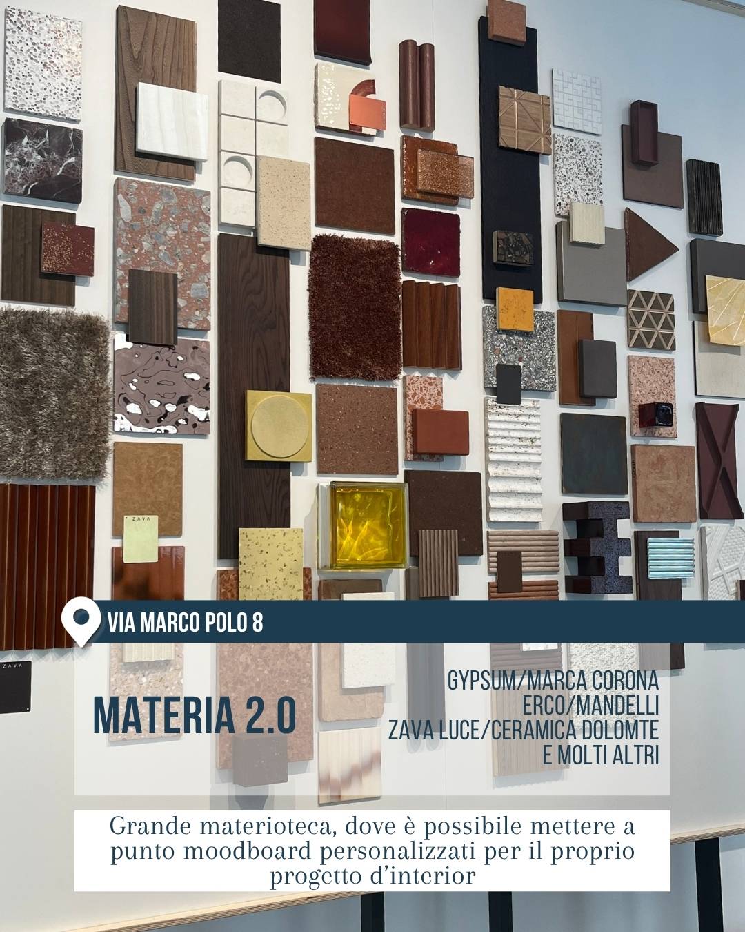Materia 2.0 in via Marco Polo 8 a Milano durante il Fuorisalone 2026. L’immagine mostra una grande materioteca con parete ricoperta di campioni di superfici, rivestimenti, texture e finiture in colori e materiali diversi, utile per comporre moodboard personalizzate per progetti di interior design.