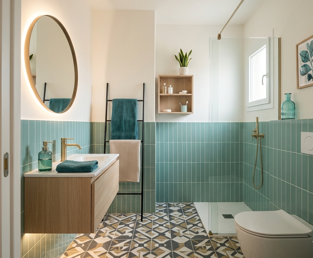 Bagno con rivestimento di piastrelle verde acqua