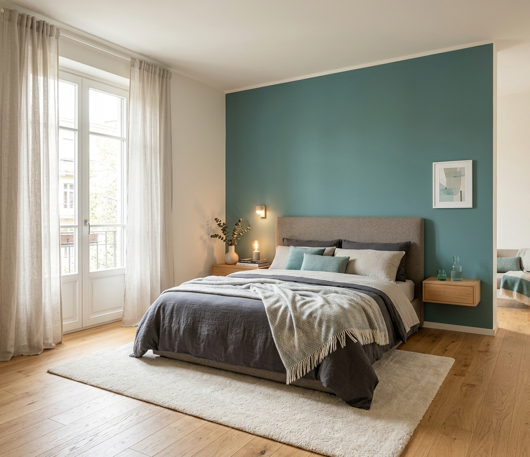 Camera da letto con parete verniciata verde acqua