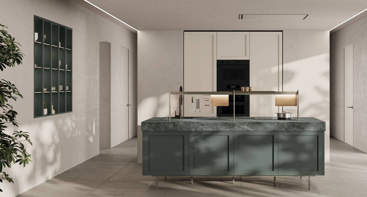 Interpreta lo spazio in chiave contemporanea la nuova cucina Integra di CREO Kitchens che risponde all'esigenza di spazi domestici fluidi e interconnessi. Le ante a telaio, in PET Muschio per le basi e Sahara per le colonne, sono dotate di una presa integrata che si trasforma in un elemento design. Il top in HPL Marmo Guatemala cuore nero finitura Urban completa la composizione.    https://www.creokitchens.it – EuroCucina 2026, padiglione 02, Stand B15,B21.
