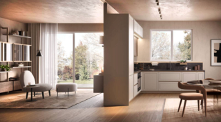 È caratterizzata da una struttura ad angolo la cucina Myriad di Moretti Compact Cucine che grazie al pannello autoportante separa la zona  operativa dal living senza dividerle. Le ante delle basi e delle colonne sono in Laccato Tortora Opaco; i pensili in Impiallacciato Yuta danno vita ad un raffinato contrasto. Il piano di lavoro è in Laminato HPL – Urban. https://moretticompact.it - Fuorisalone, Moretti Compact Home – Via Edmondo De Amicis 23, Milano.