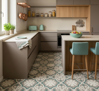 Cucina con pavimento di marmette vintage verde acqua