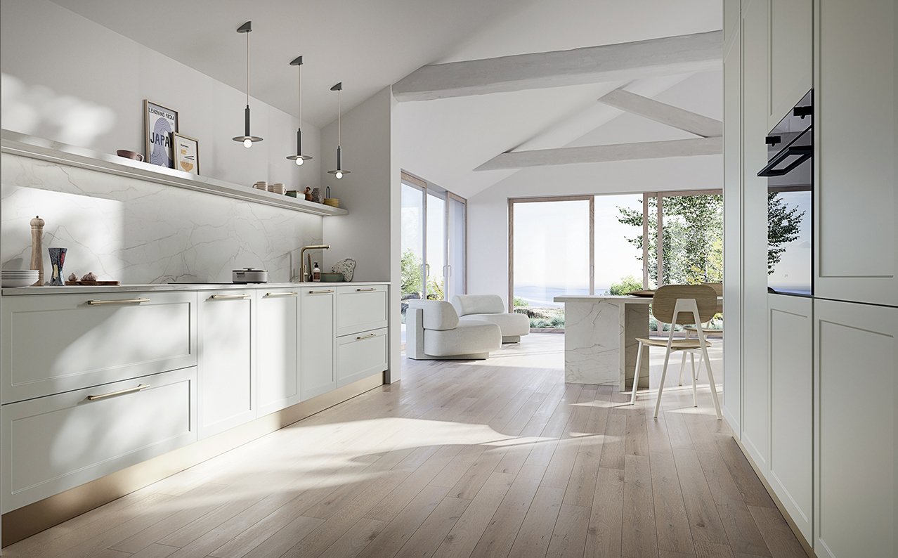 Color ghiaccio per la cucina a vista Elite di Ar-Tre  che si “mimetizza” con la parete di fondo della zona giorno, in una tonalità chiara, anche grazie all'assenza dei pensili, sostituiti da una lunga e sottile mensola porta-oggetti. Le ante a telaio laccate, impreziosite da dettagli in metallo nella raffinata finitura Champagne, ne sottolineano lo stile scandinavo. Prezzo su richiesta. https://www.ar-tre.it/it