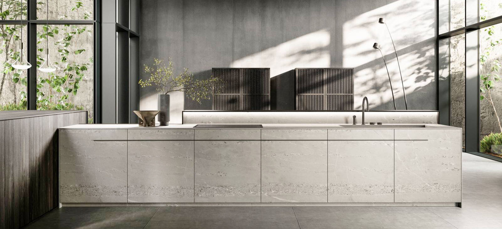 L'isola del modello Tai_O di Key Cucine ha le ante e il piano realizzati nello steso materiale, il pregiato marmo bianco in cui la raffinata venatura si trasforma in elemento tattile e decorativo. Al posto dei pensili sono presenti le colonne in Rovere Fossile che mettono inn risalto il candore della pietra. Prezzo su richiesta. https://www.keysbabo.com