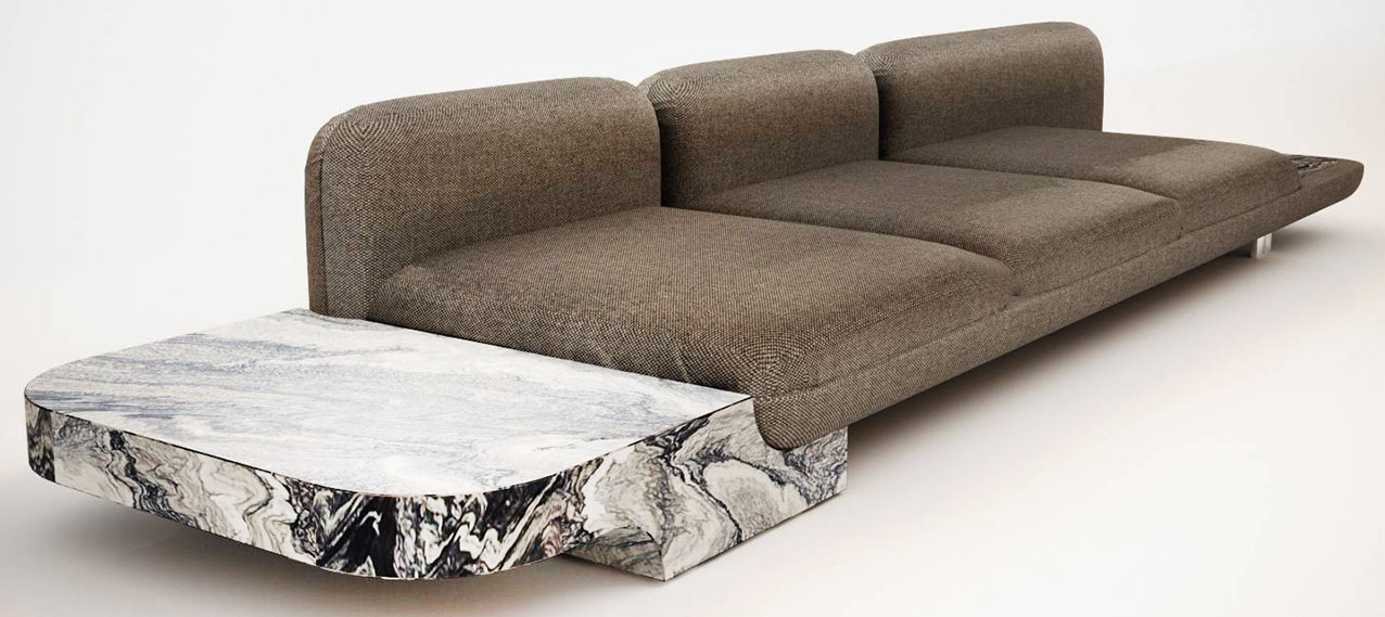 L'elemento distintivo del divano modulare Sebastien di Diviana è il contrasto tra il tessuto e la pietra naturale: le basi scultoree in marmo, lavorato artigianalmente, infatti sostengono le sedute imbottite con rivestimenti tessili. http://www.diviana.in - Fuorisalone,  Flagship Store Diviana – Via Monte di Pietà 13/1, Milano.