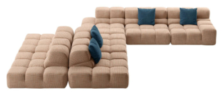 Il divano Tufty-Time 20 Outdoor di B&B Italia è componibile grazie ai 10 moduli disponibili tra cui un elemento curvo. La struttura è stata realizzata per resistere all'ambiente esterno ed è disassemblabile al 100% per poter riutilizzare i materiali a fine ciclo di vita. É imbottito in poliuretano e rivestito in tessuto outdoor fissato con tiranti e velcri. https://shop.bebitalia.com - Salone del mobile 2026, padiglione 09, Stand E03, E11, F02, F06.