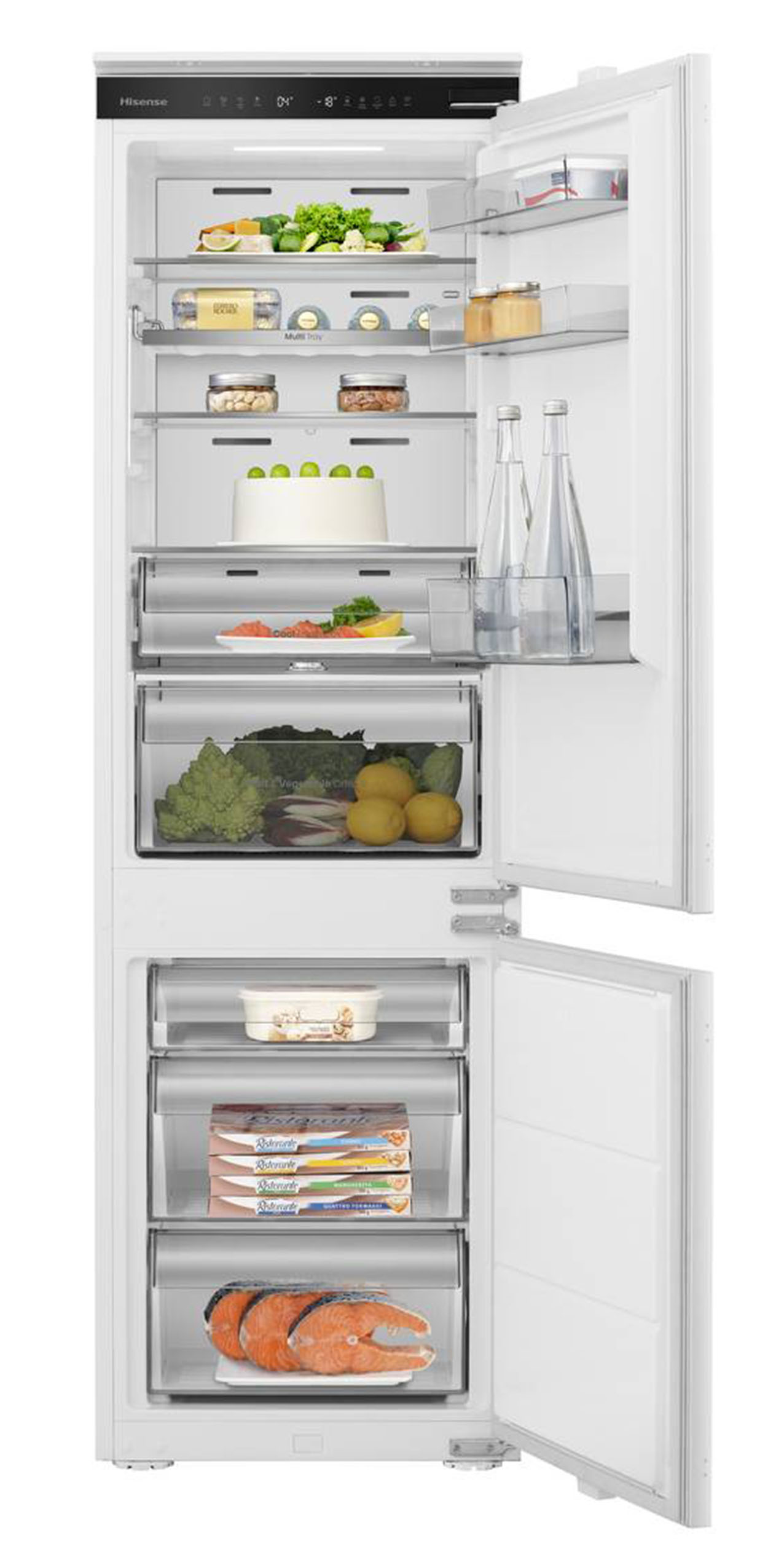 Il frigorifero combinato da incasso HBI54250E di Hisense ha una capacità totale di 252 litri, suddivisa in 176 litri per il frigorifero e 76 litri per il congelatore. Il sistema Total No Frost previene la formazione di ghiaccio, mentre quello Multi Air Flow assicura una distribuzione omogenea dell'aria fredda, preservando la freschezza degli alimenti più a lungo. In classe energetica E con un consumo annuo di 235 kWh, ha un’emissione sonora di 35 dB(A), garantendo un ambiente domestico silenzioso. È dotato di Convert Zone che permette di trasformare il congelatore in frigorifero con temperatura regolabile tra +2°C e +8°C. Misura L 54 x 54,5 x H 177 cm. Prezzo da rivenditore. www.hisense.com