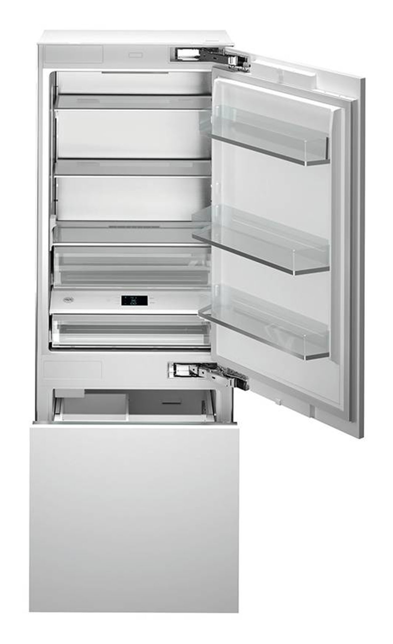 Combinato da incasso, il frigorifero Serie Professional RBM75S5FPNS di Bertazzoni, da 75 cm, ha capacità di 323 litri per il frigorifero e di 126 litri per il congelatore. Con icemaker e distributore d'acqua, emette 41 decibel durante il funzionamento e ha interfaccia LED elettronica touch-control che semplifica l'impostazione e il monitoraggio di tutte le funzioni. Dispone di 3 ripiani di cui 2 regolabili in altezza e 2 cassetti frutta e verdura ad estrazione totale ed è dotato di 1 cassetto Fresco con comandi digitali separati. Il Dual Cooling Total No Frost fornisce una funzione di sbrinamento automatico per entrambi gli evaporatori per garantire condizioni ottimali di conservazione degli alimenti. Prezzo da rivenditore. www.bertazzoni.com