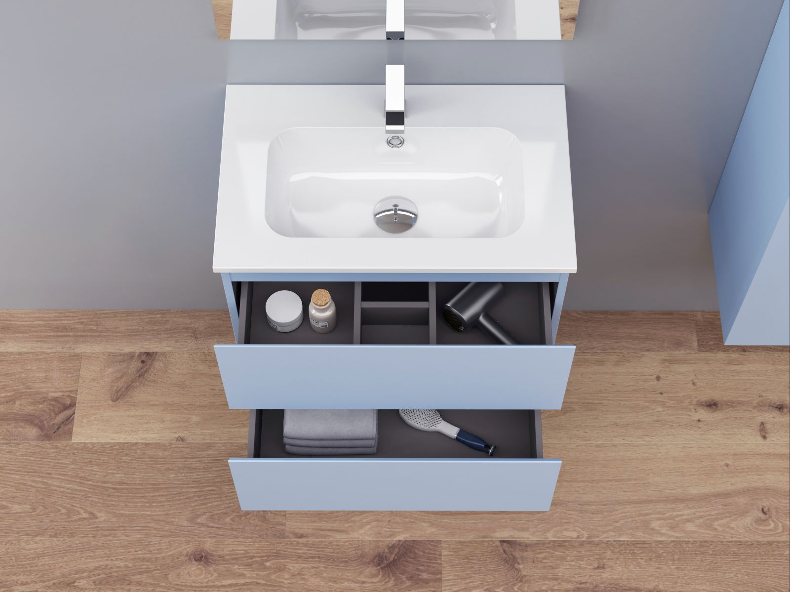 Il mobile sospeso salvaspazio Marea di Iperceramica è composto da base portalavabo in MDF laccato azzurro opaco e lavabo unitop con foro miscelatore e troppopieno integrato in resina bianco lucido. Il mobile con presa-maniglia a gola ha due cassetti a chiusura rallentata e interno grigio. Misura L 60 x P 38 x H 55 cm. Prezzo 199,90 euro. www.iperceramica.it Il mobile sospeso salvaspazio Marea di Iperceramica è composto da base portalavabo in MDF laccato azzurro opaco e lavabo unitop con foro miscelatore e troppopieno integrato in resina bianco lucido. Il mobile con presa-maniglia a gola ha due cassetti a chiusura rallentata e interno grigio. Misura L 60 x P 38 x H 55 cm. Prezzo 199,90 euro. www.iperceramica.it