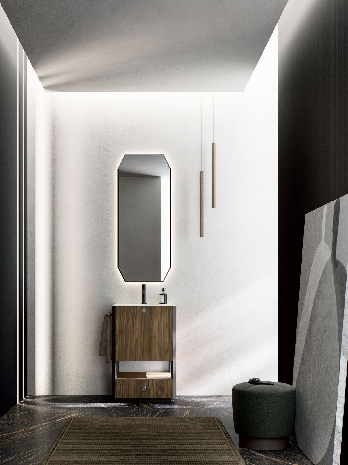 Il mobile lavabo con cassettone, cassetto inferiore e vano a giorno della composizione Honey di Cerasa è in legno impiallacciato Noce Canaletto. I profili metallici inclinati in finitura Nichel donano continuità alle linee. È completata dal piano in Solysand con vasca a cilindro integrata. Il mobile lavabo misura L 66,4 x P 51,8 x H 84 cm. Prezzo del mobile, Iva esclusa, 1.837 euro. www.cerasa.it Il mobile lavabo con cassettone, cassetto inferiore e vano a giorno della composizione Honey di Cerasa è in legno impiallacciato Noce Canaletto. I profili metallici inclinati in finitura Nichel donano continuità alle linee. È completata dal piano in Solysand con vasca a cilindro integrata. Il mobile lavabo misura L 66,4 x P 51,8 x H 84 cm. Prezzo del mobile, Iva esclusa, 1.837 euro. www.cerasa.it