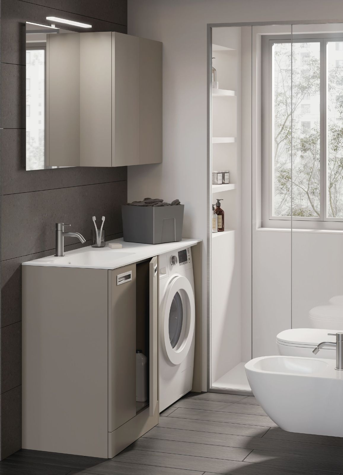 Totus monoblocco di Xilon si compone di base lavabo a terra con due ante e vano lavatrice a giorno con finitura laccata sabbia opaco e maniglie a incasso satinate. Il top in Ocritech ha vasca integrata bianco opaco con spessore di 10 mm. Misura L 131 x P 46 x H 88 cm. Prezzo 1.500 euro. www.xilon.it Totus monoblocco di Xilon si compone di base lavabo a terra con due ante e vano lavatrice a giorno con finitura laccata sabbia opaco e maniglie a incasso satinate. Il top in Ocritech ha vasca integrata bianco opaco con spessore di 10 mm. Misura L 131 x P 46 x H 88 cm. Prezzo 1.500 euro. www.xilon.it