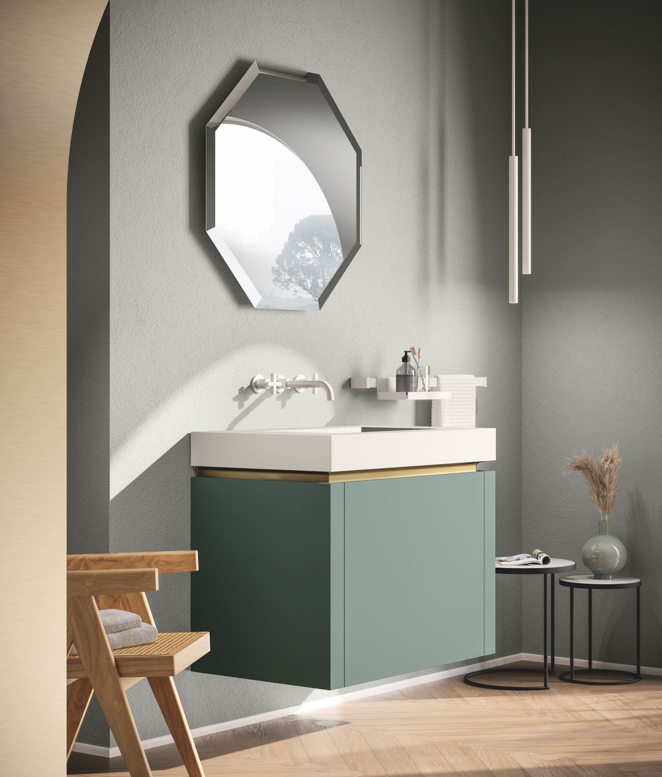 Il mobile sospeso della collezione Lido di Scavolini è in Fenix NTM® Verde Comodoro con gola colore Ottone, piano in Fenix NTM® Bianco Kos dello spessore di 10 cm e lavabo Connection integrato. Misura L 70 x P 52 x H 60 cm. Prezzo su richiesta. www.scavolini.com Il mobile sospeso della collezione Lido di Scavolini è in Fenix NTM® Verde Comodoro con gola colore Ottone, piano in Fenix NTM® Bianco Kos dello spessore di 10 cm e lavabo Connection integrato. Misura L 70 x P 52 x H 60 cm. Prezzo su richiesta. www.scavolini.com