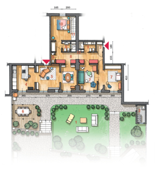 1 Giardino  2 Lavanderia esterna  3 Ingresso  4 Cucina 5 Soggiorno  6 Zona pranzo 7 Camera dei ragazzi doppia  8  Corridoio 9 Bagno  10 Camera matrimoniale
11 Scala  12 Muro portante