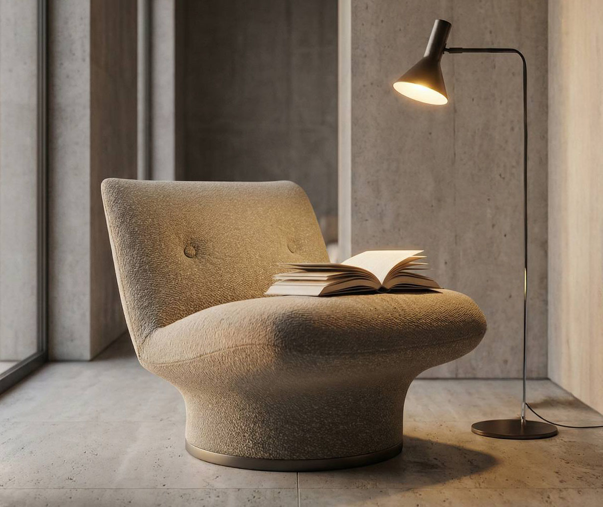 Grande e accogliente la poltrona Bruna di Marac che ha una linea continua e un volume compatto. L'ampia seduta si raccorda con lo schienale leggermente inclinato per accompagnare la postura  e garantire il massimo relax. La base cilindrica conferisce stabilità strutturale e rafforza la percezione scultorea del modello. https://marac.it - Salone del mobile 2026, padiglione 18, Stand C22.