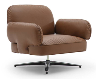 La poltrona Dafne di Frigerio è caratterizzata da una base girevole a razze in fusione di alluminio e da una scocca con cuscinature e spigoli arrotondati. Le forme generose e il rivestimento, disponibile in pelle o tessuto, la rendono confortevole e perfetta per il relax. https://www.frigerio.com - Salone del mobile 2026, padiglione 11, Stand C25, D18.