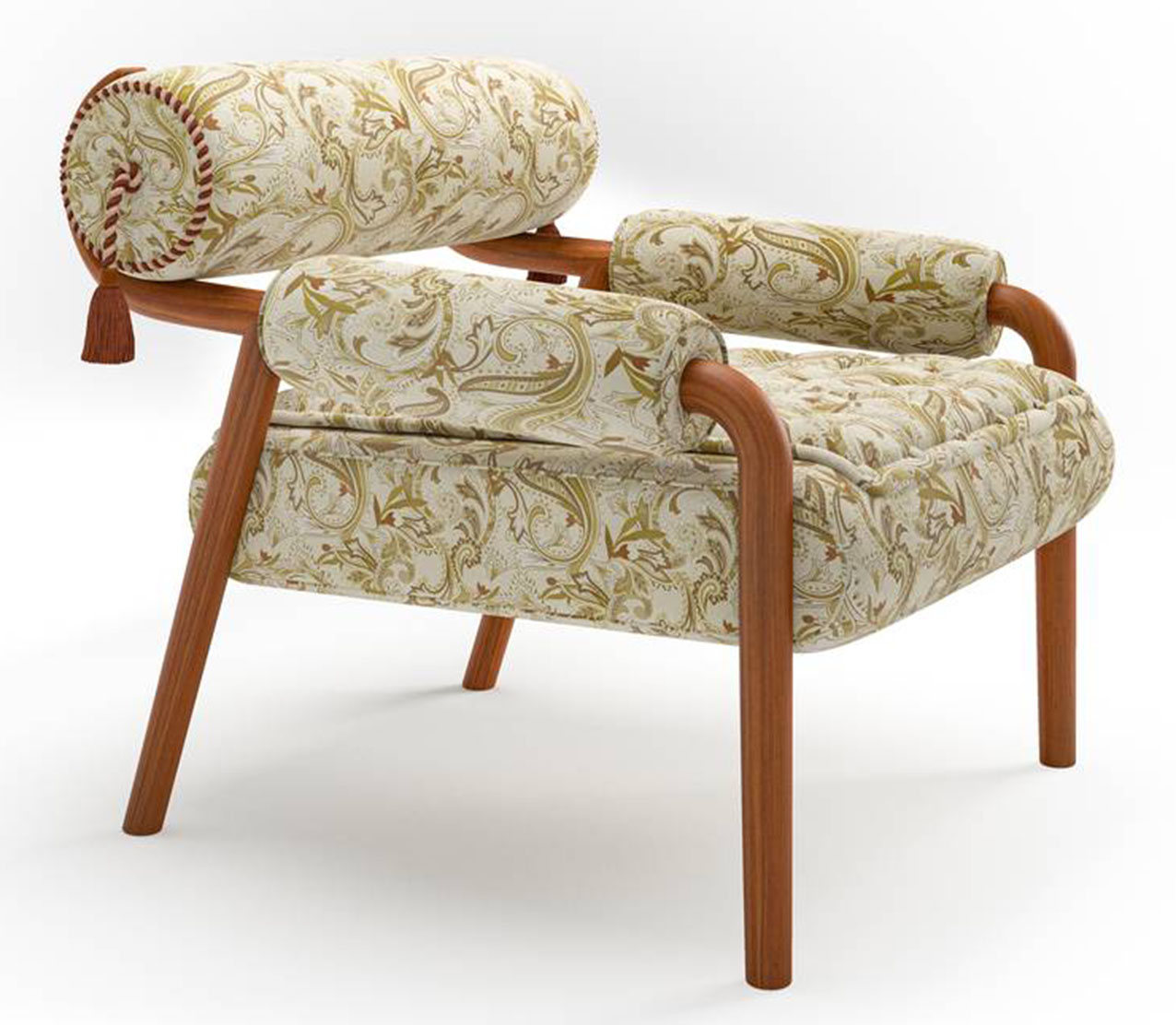 Si ispira all'Art Déco la poltrona Opus di Etro Home Interiors che rilegge la lavorazione capitonné: la struttura in legno sostiene una seduta riccamente imbottita e rivestita in tessuto. Lo schienale e i braccioli sono impreziositi dalla presenza di un rullo imbottito. https://www.etro.com/it - Salone del mobile 2026, padiglione 13, Stand C01.