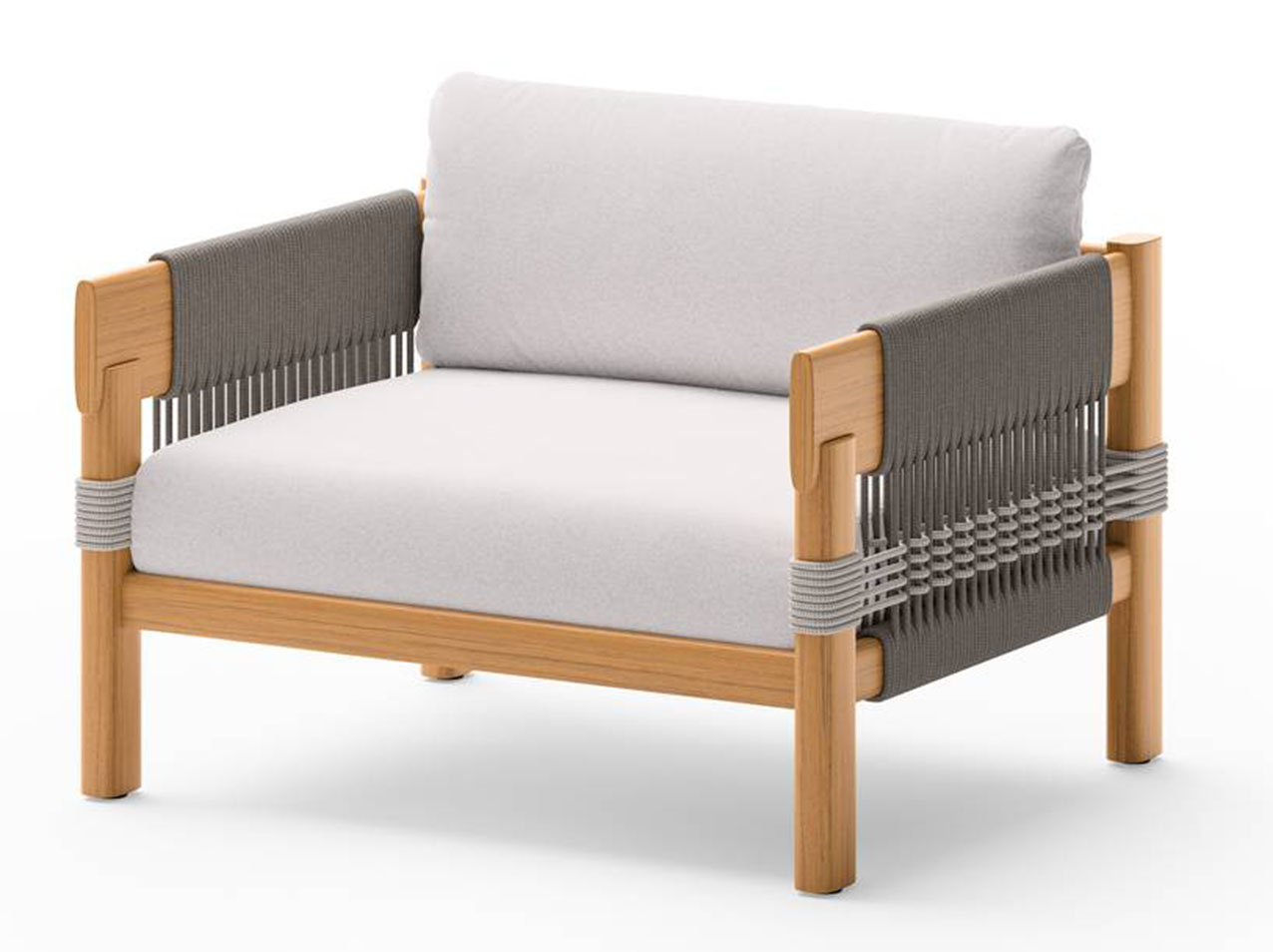Fa parte della collezione Cora di Unopiù la poltrona outdoor dalla forma compatta e squadrata che abbina alla solida struttura in teak un intreccio in corda nei toni del grigio. https://www.unopiu.com - Salone del mobile 2026, padiglione 24, Stand D32.