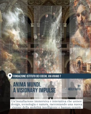 Spazio immersivo alla Fondazione Istituto dei Ciechi, via Vivaio 7, con grandi veli luminosi e immagini digitali sospese in un ambiente storico. L’installazione Anima Mundi. A Visionary Impulse di Geely Auto unisce design, tecnologia e natura.