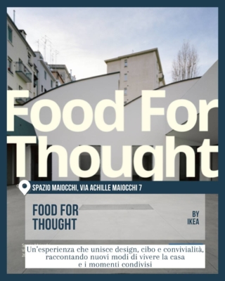 Cortile di Spazio Maiocchi, via Achille Maiocchi 7, con grafica oversize e architettura essenziale. Food for Thought by IKEA propone un’esperienza tra design, convivialità e nuovi modi di vivere la casa al Fuorisalone 2026.
