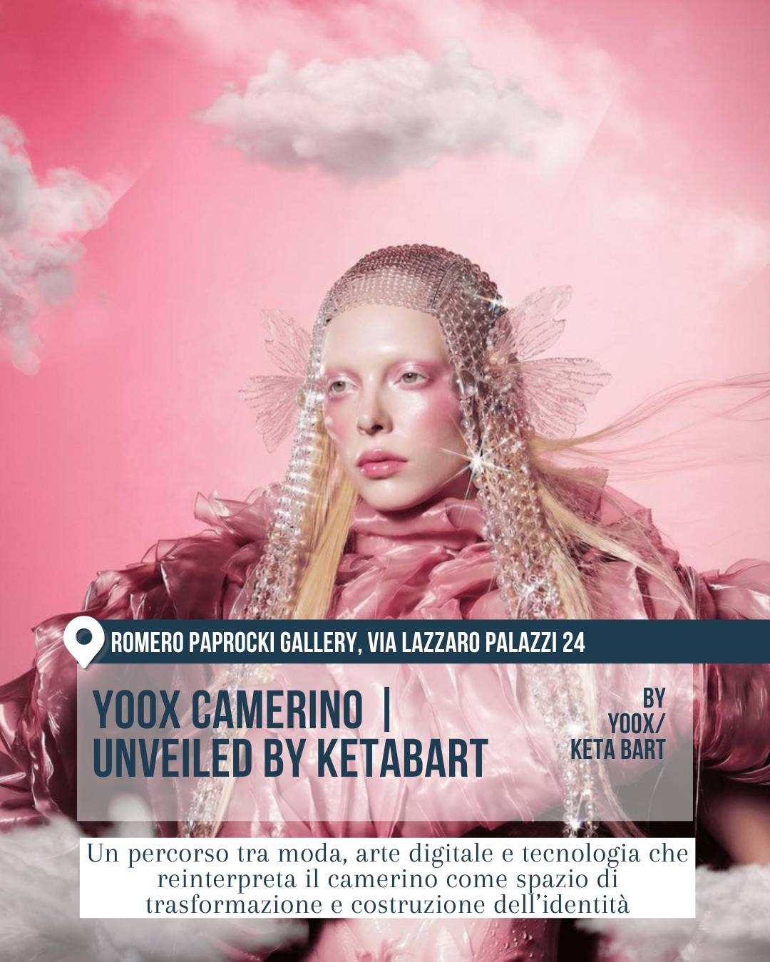 Ritratto fashion in tonalità rosa nello spazio Romero Paprocki Gallery, via Lazzaro Palazzi 24. YOOX Camerino Unveiled by Ketabart esplora il camerino come luogo di trasformazione tra moda, arte digitale e tecnologia.